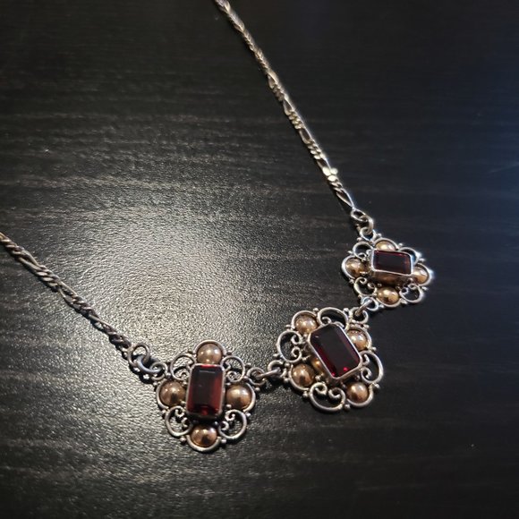 Vintage necklace 925 silver with brass inlay and three garnet stones - Picture 2 of 7